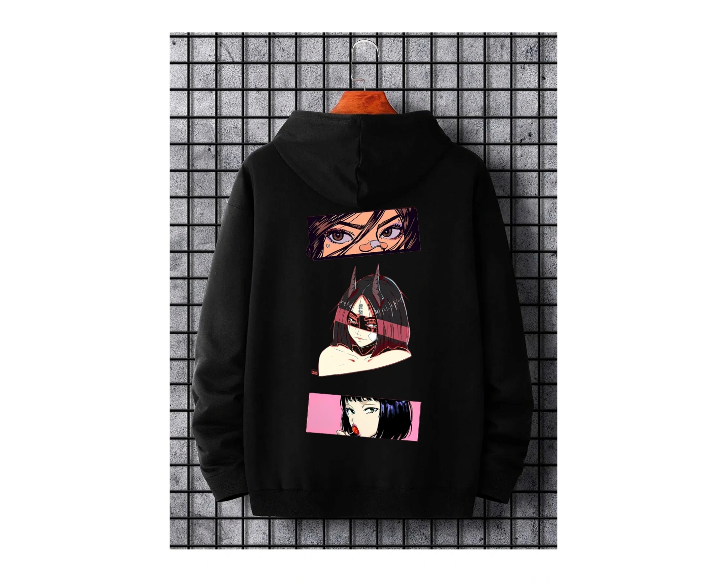Unisex Kadın/Erkek Siyah Anime Oversize Bisiklet Yaka Pamuklu Sweatshirt