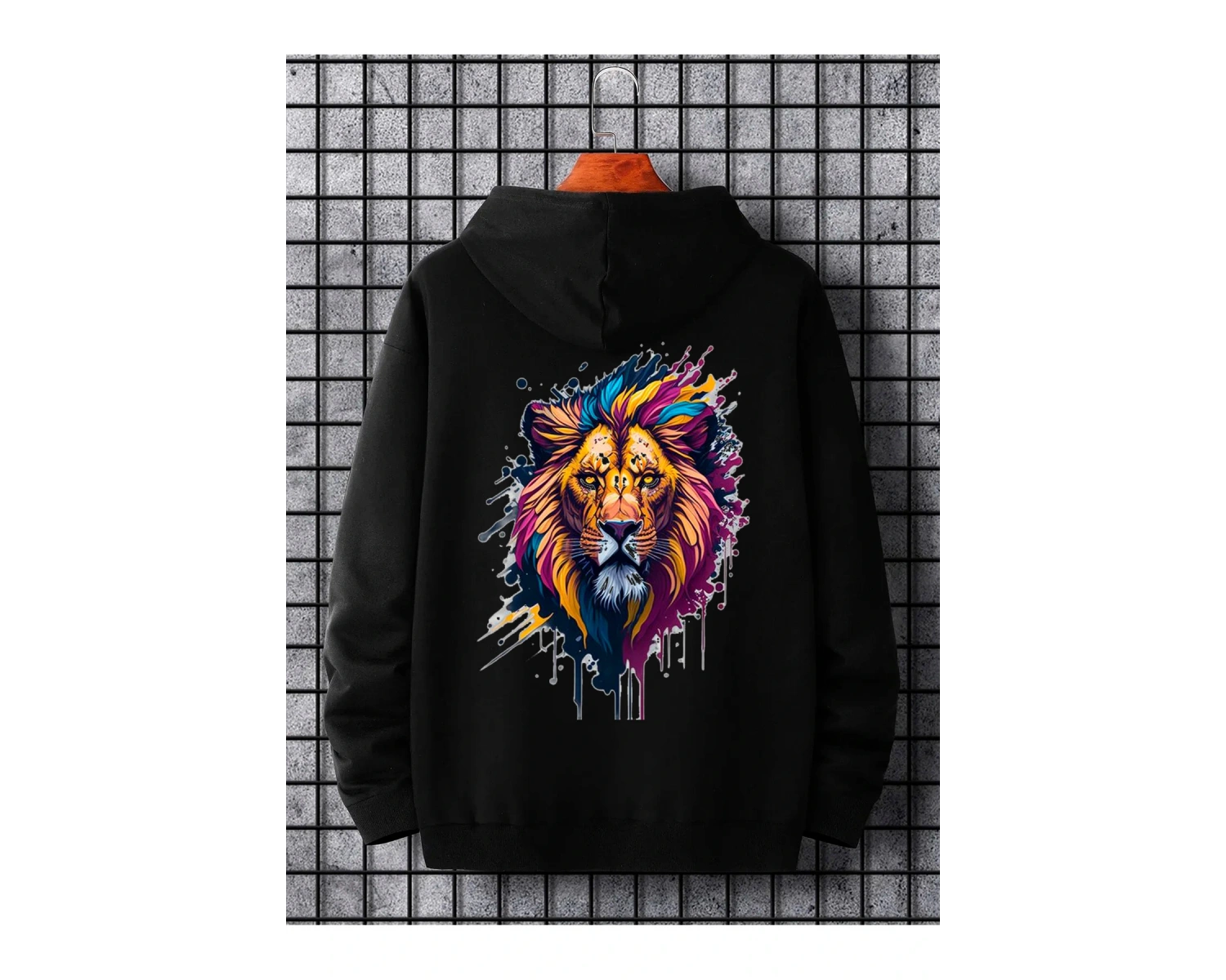 Unisex Kadın/Erkek Siyah Aslan Sırt Baskılı Oversize Kapüşonlu Sweatshirt