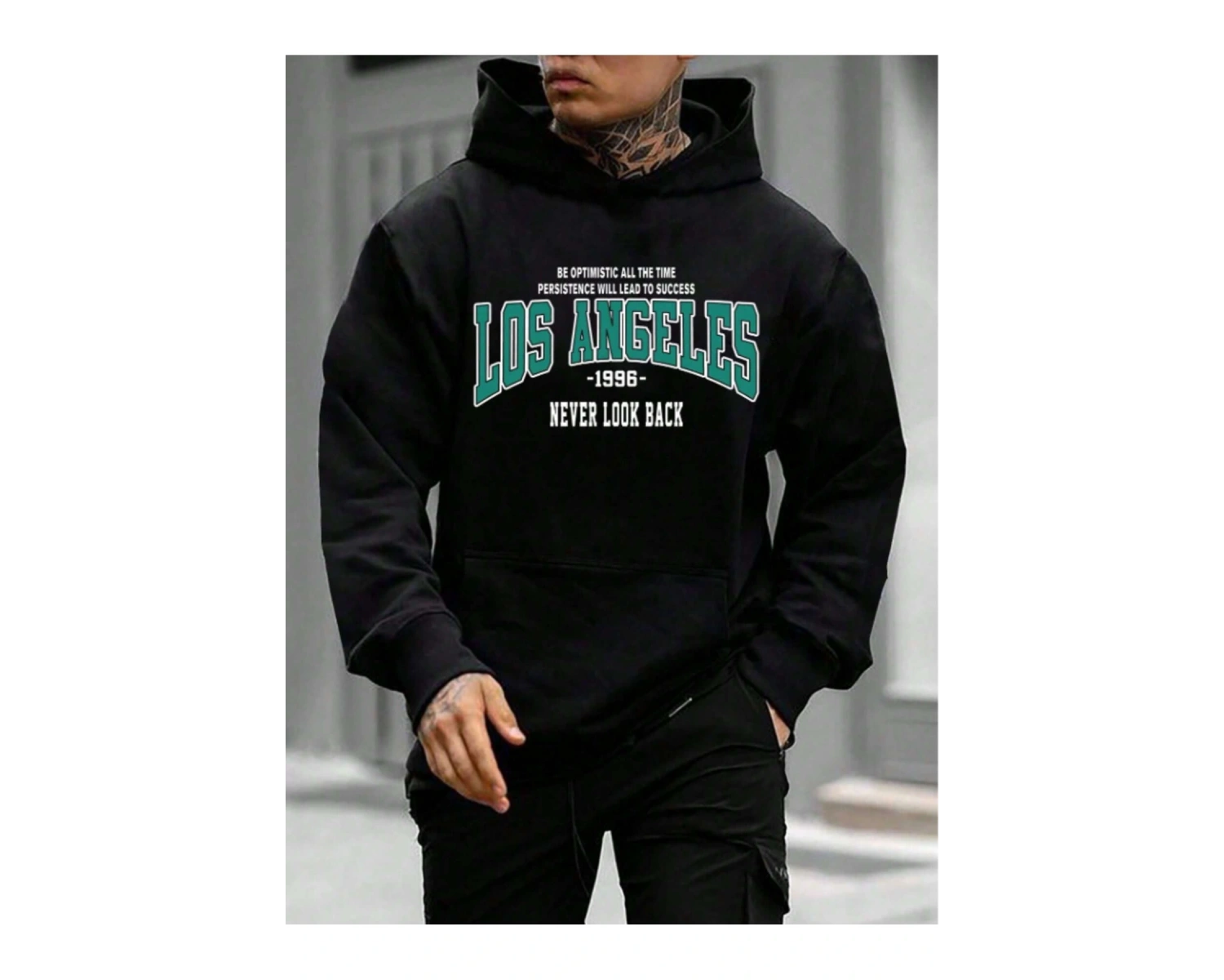 Unisex Kadın/Erkek Siyah Los Angeles 1996 Baskılı Oversize Kapüşonlu Sweatshirt