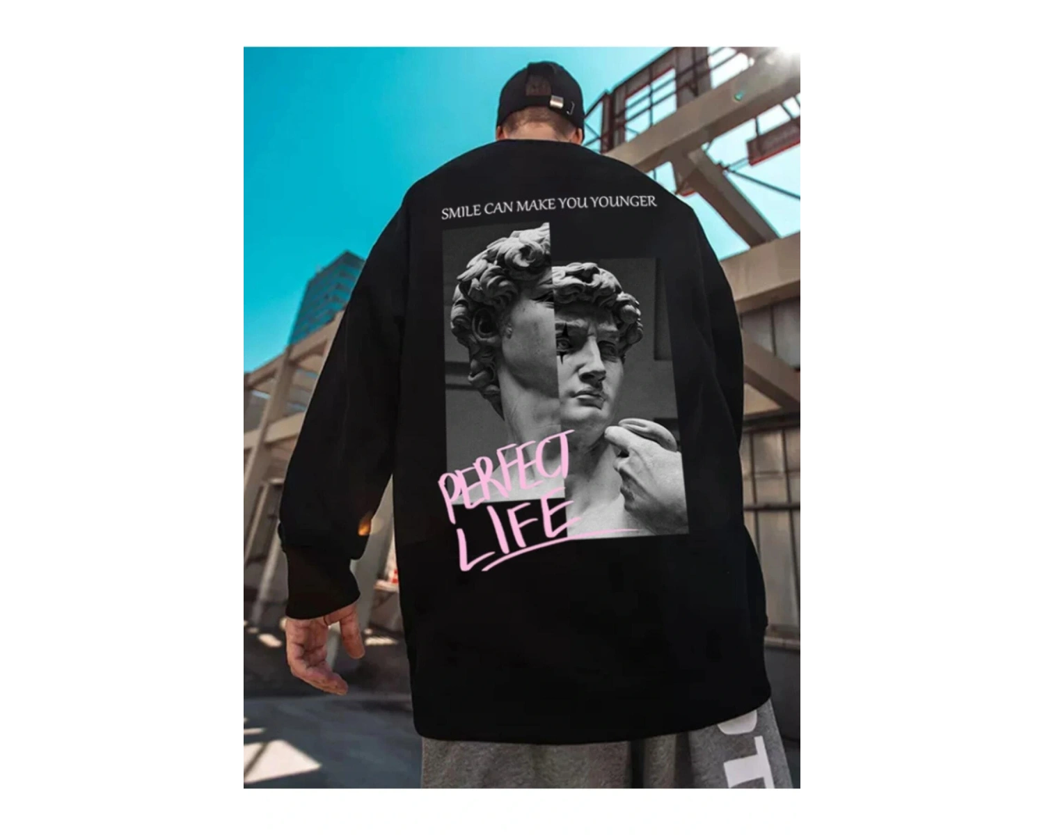 Unisex Kadın/Erkek Siyah Perfect Life Oversize Bisiklet Yaka Pamuklu Sweatshirt