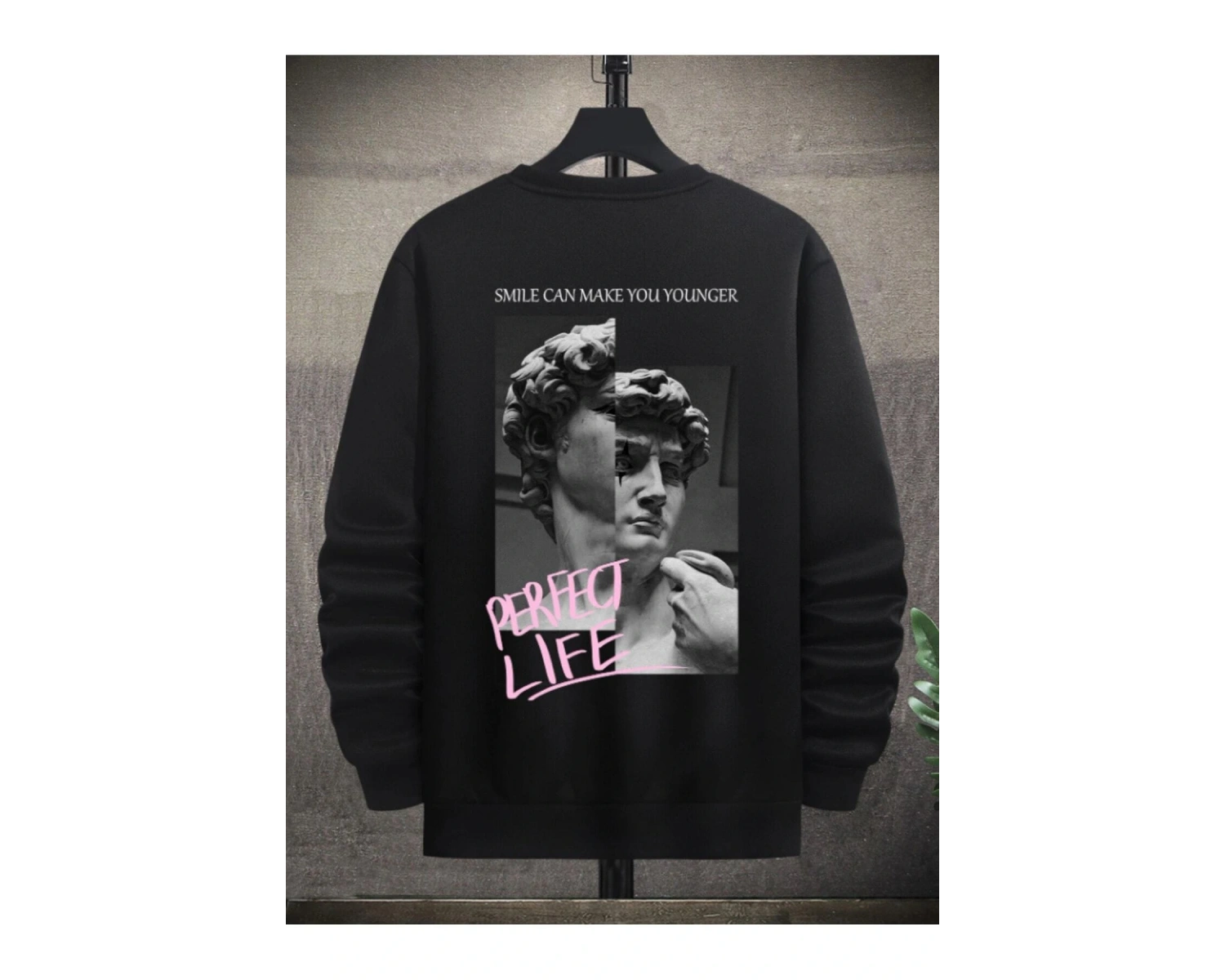 Unisex Kadın/Erkek Siyah Perfect Life Oversize Bisiklet Yaka Pamuklu Sweatshirt