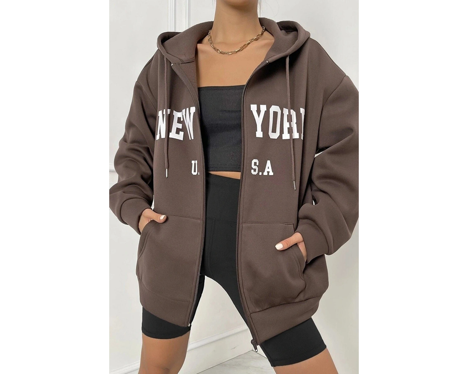 Unisex Kahverengi Newyork Baskılı Oversize Hırka newyork2022 Kahverengi