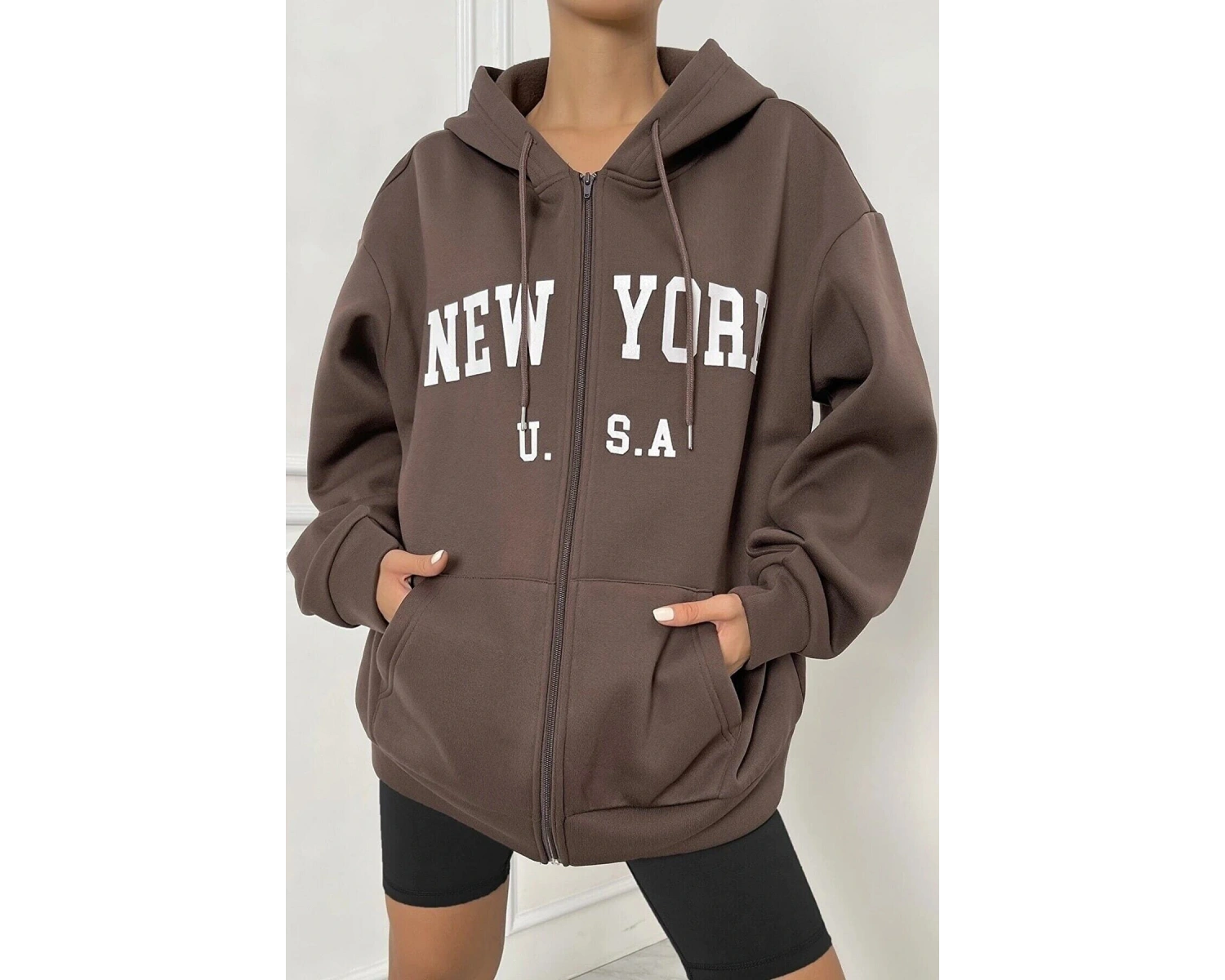 Unisex Kahverengi Newyork Baskılı Oversize Hırka newyork2022 Kahverengi