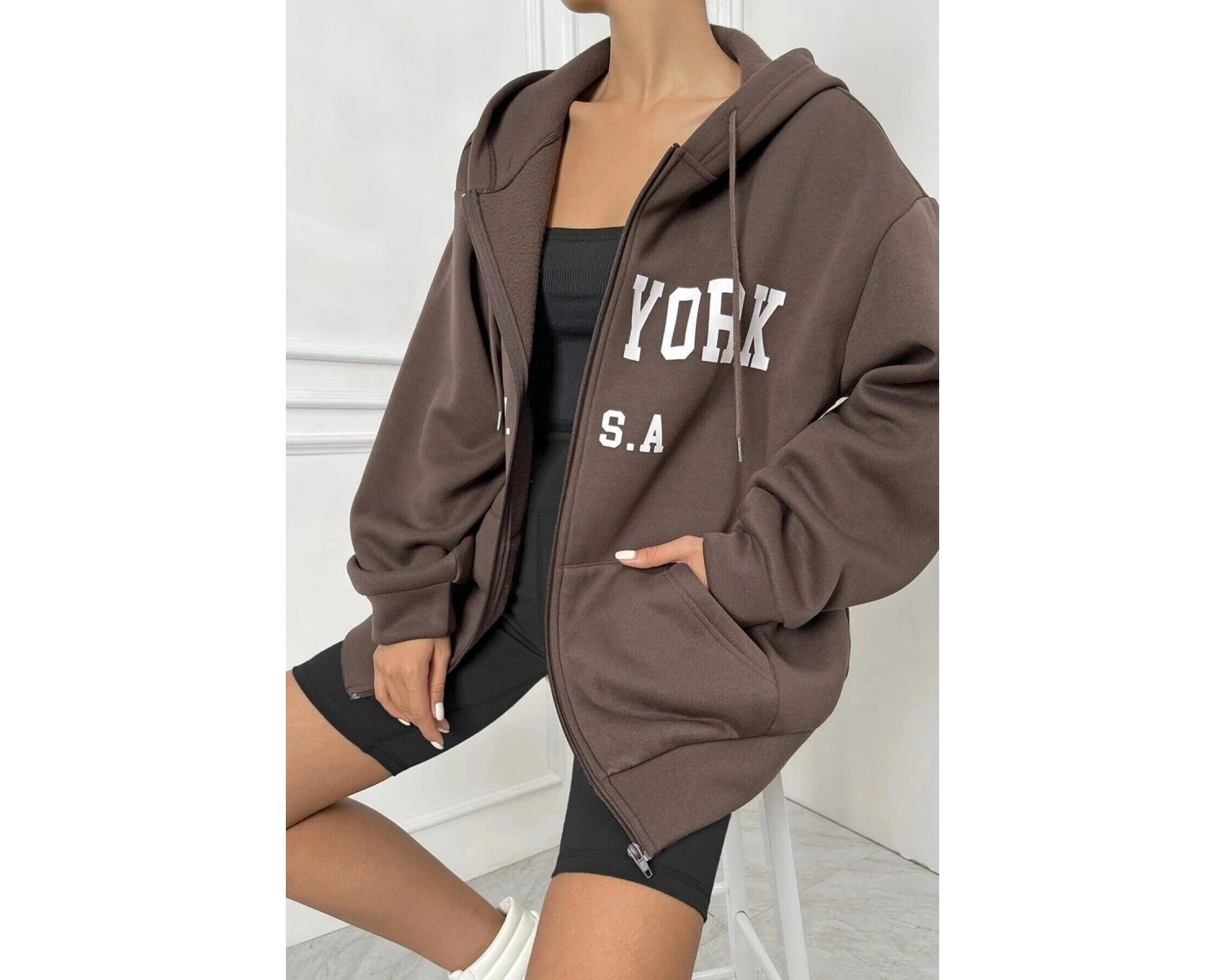 Unisex Kahverengi Newyork Baskılı Oversize Hırka newyork2022 Kahverengi