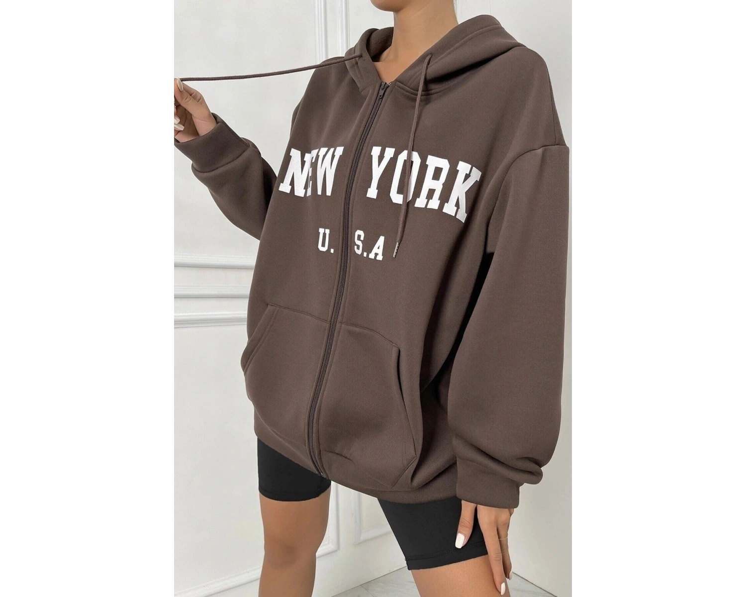 Unisex Kahverengi Newyork Baskılı Oversize Hırka newyork2022 Kahverengi