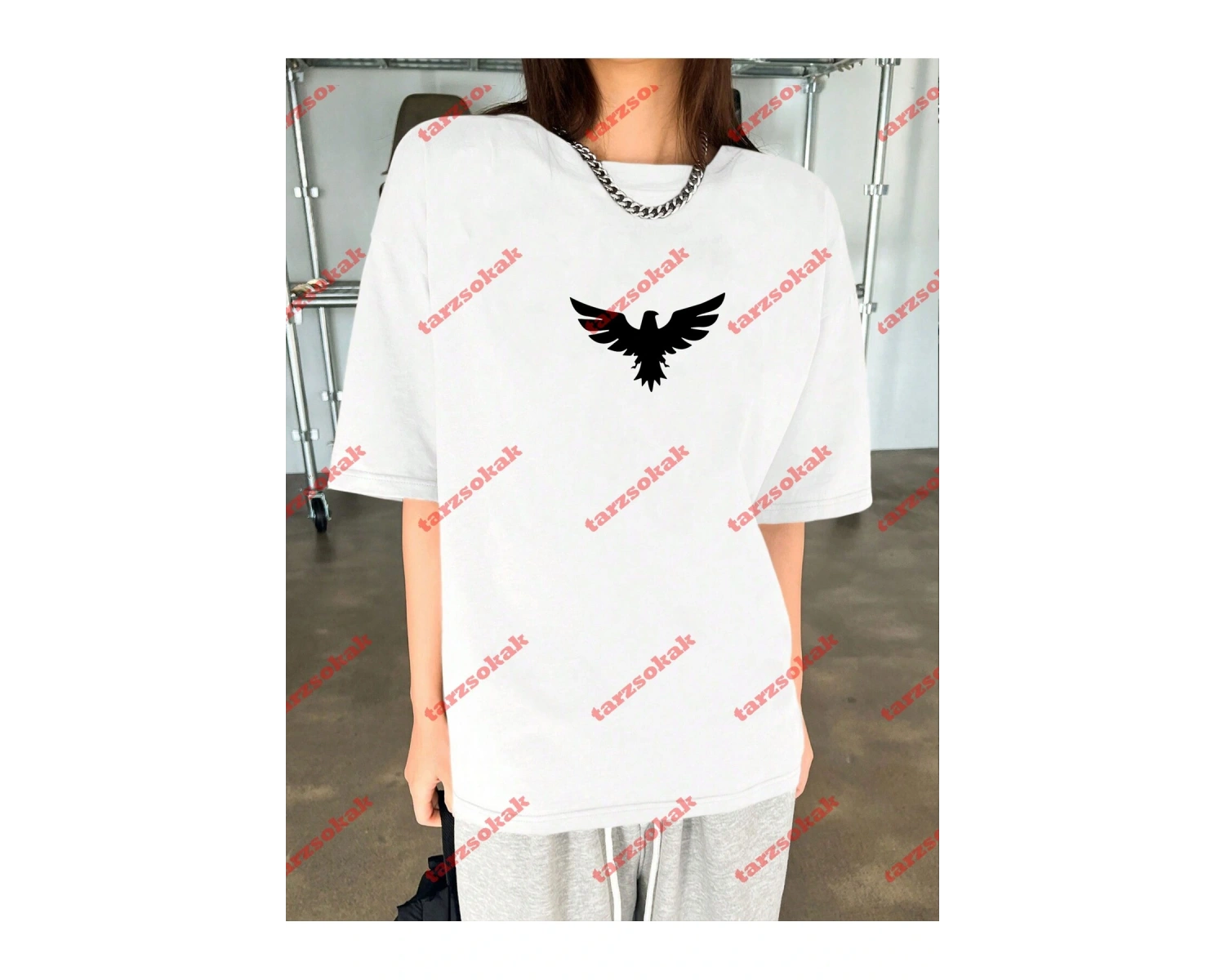 Unisex Kartal Baskılı Tshirt Beyaz