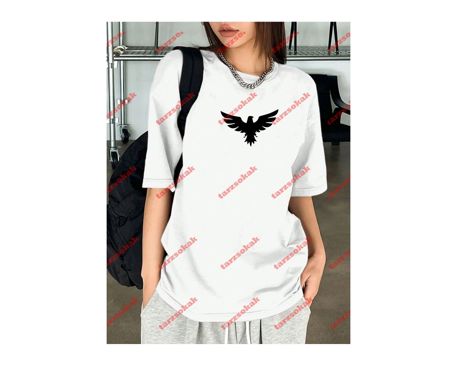 Unisex Kartal Baskılı Tshirt Beyaz