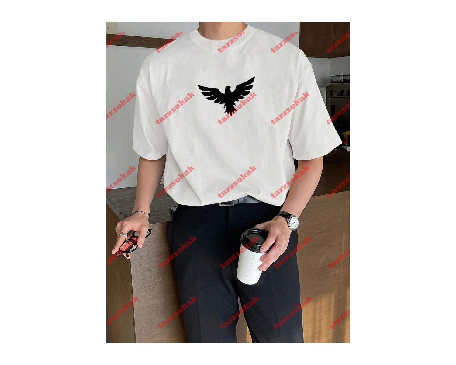 Unisex Kartal Baskılı Tshirt Beyaz