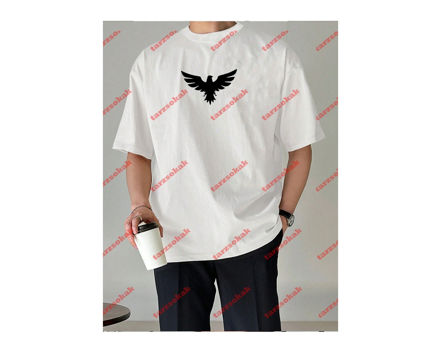 Unisex Kartal Baskılı Tshirt Beyaz