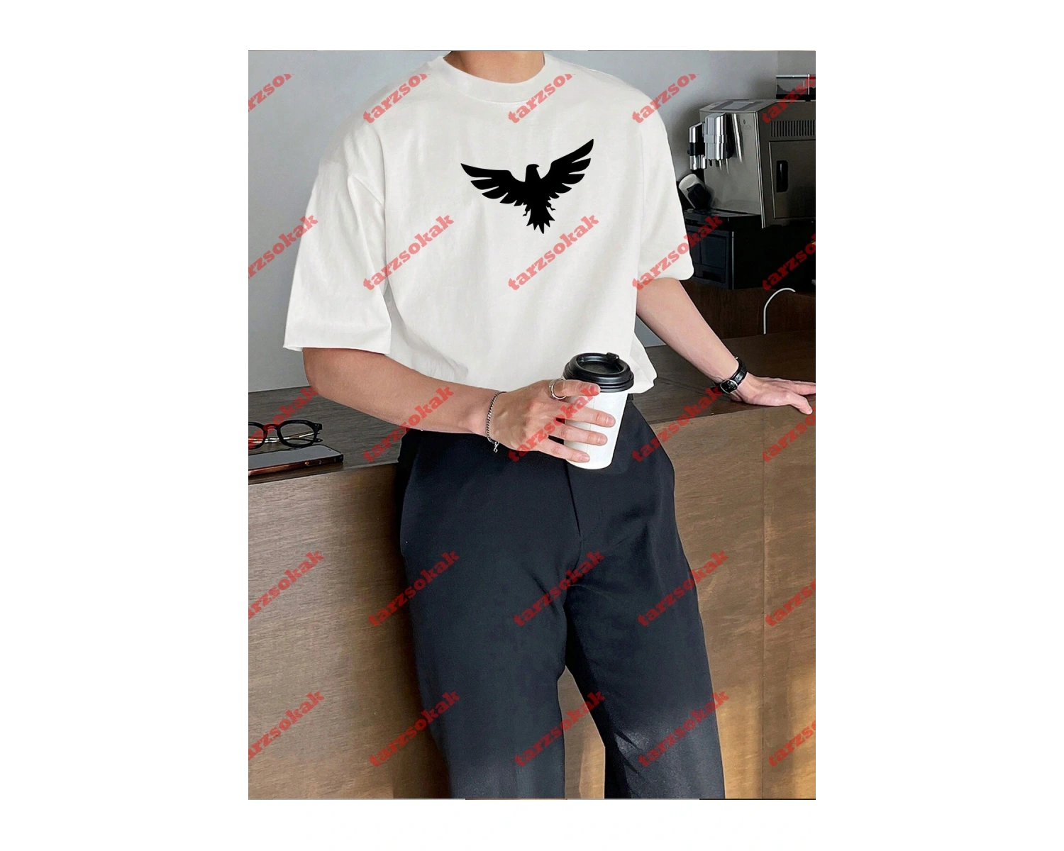 Unisex Kartal Baskılı Tshirt Beyaz