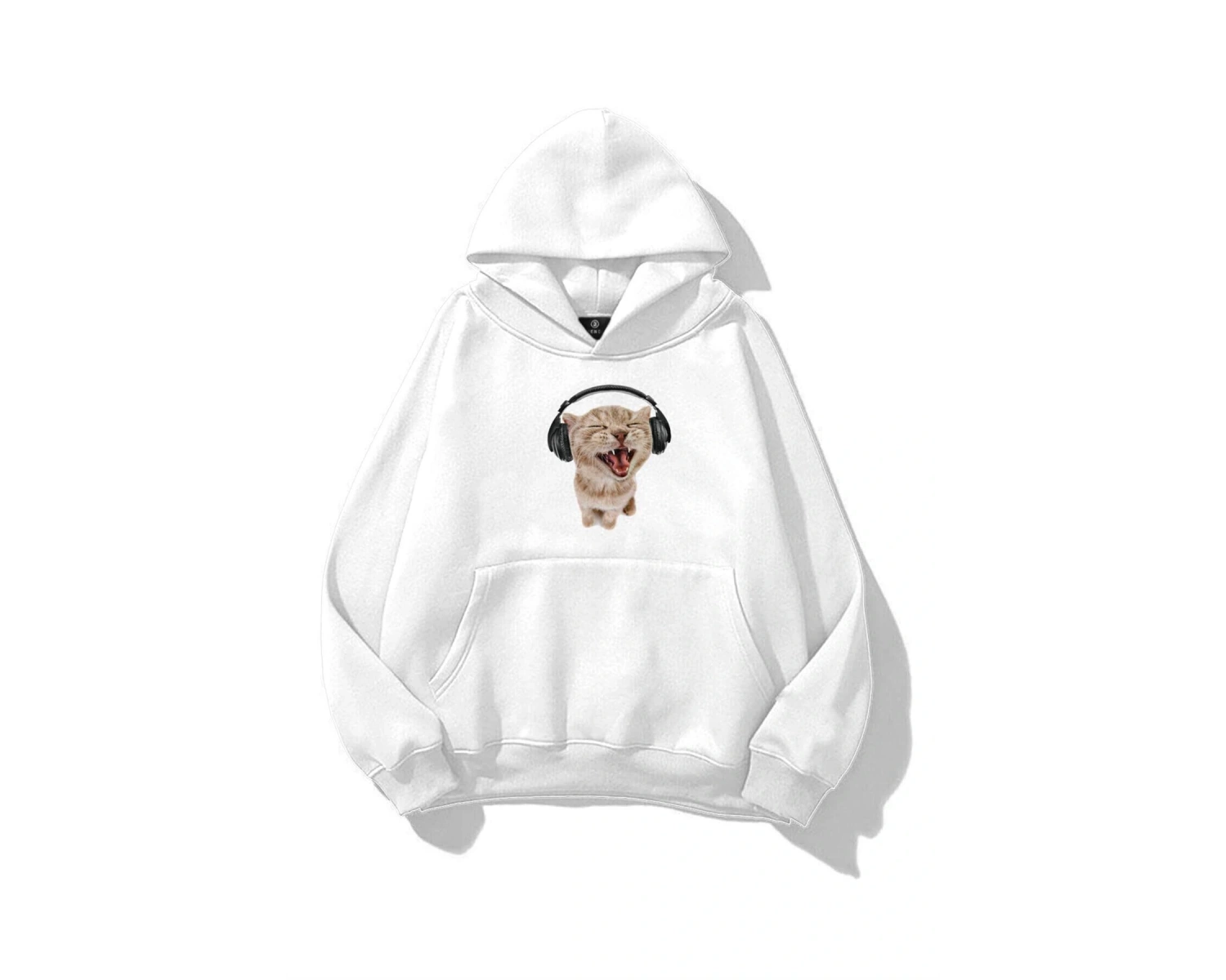 Unisex Kulaklıklı Kedi Sweatshirt Beyaz