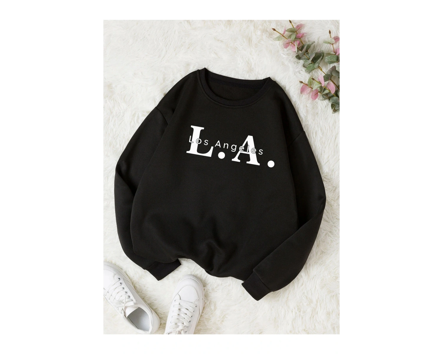 Unisex Los Angeles Baskılı Oversize Bisiklet Yaka Sweatshirt Siyah