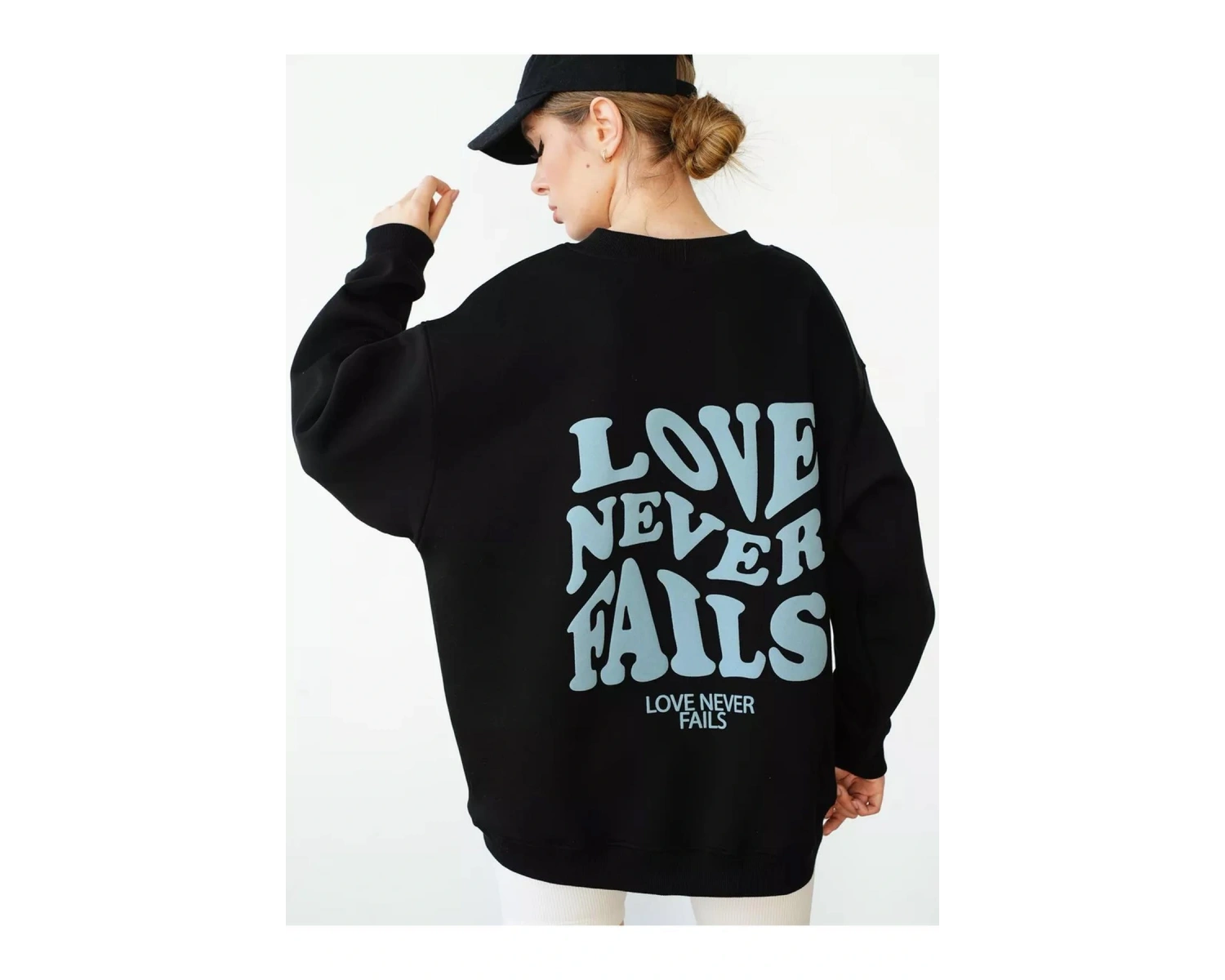Unisex Love Never Fails Bisiklet Yaka Sweatshirt Siyah