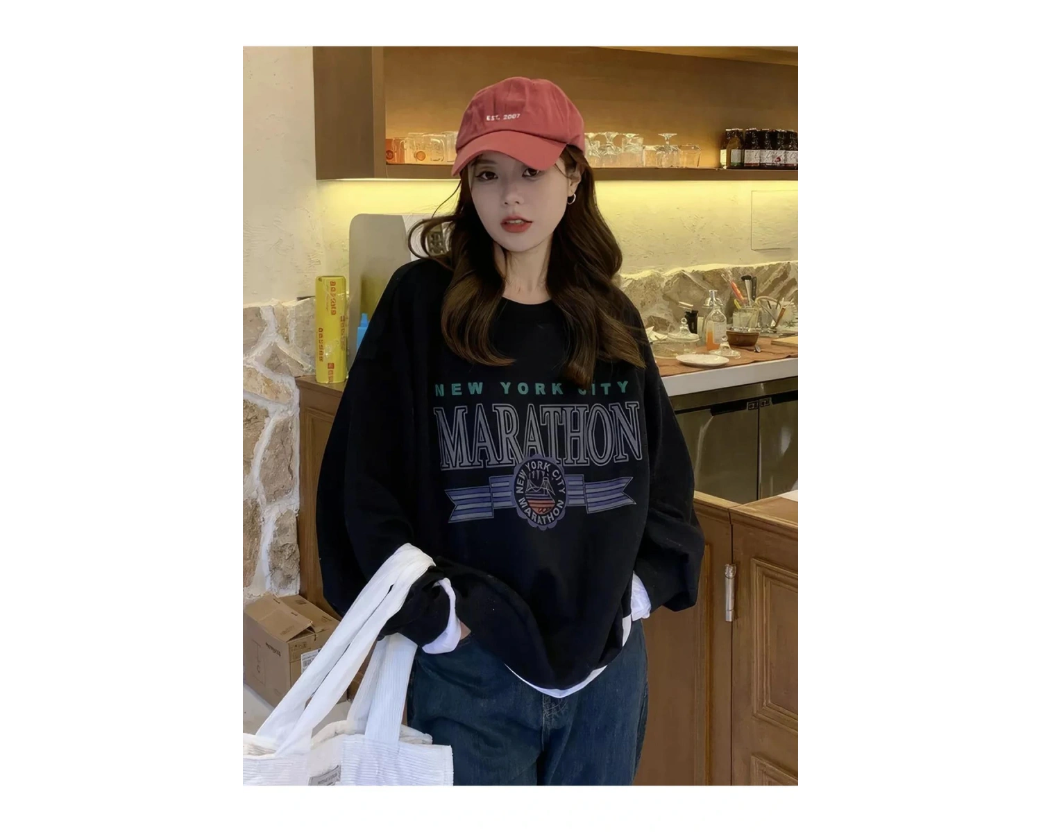 Unisex Marathon Bisiklet Yaka Sweatshirt Siyah