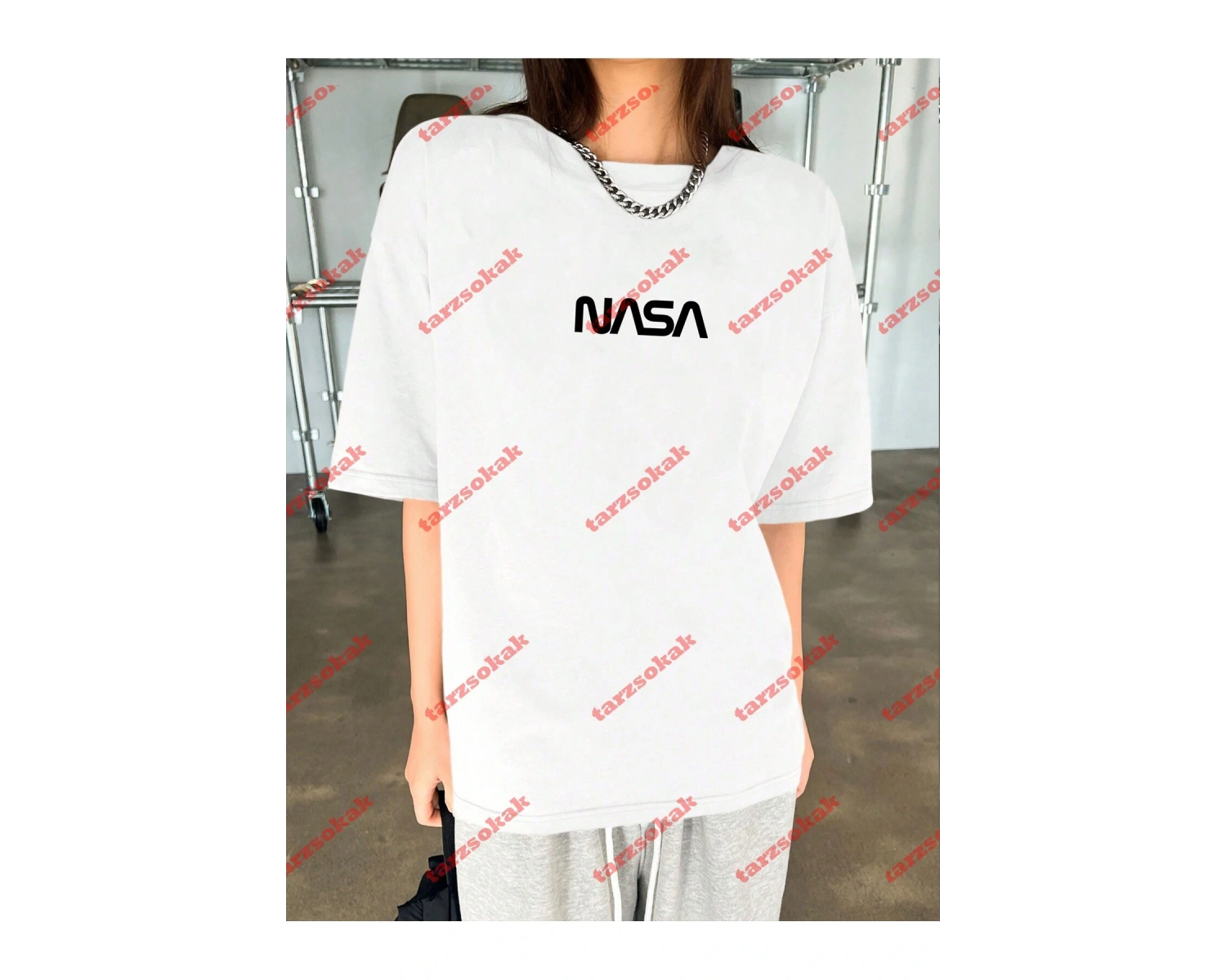 Unisex Nasa Baskılı Tshirt Beyaz