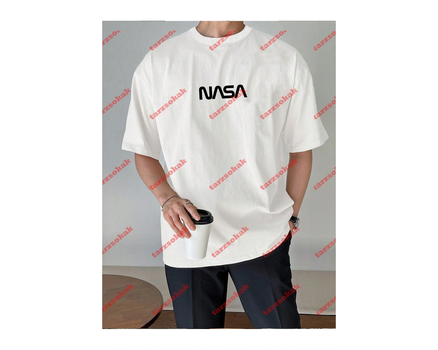 Unisex Nasa Baskılı Tshirt Beyaz