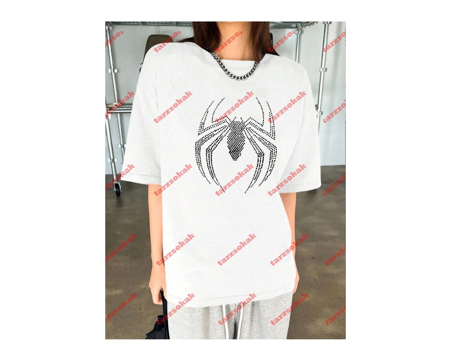 Unisex Örümcek Baskılı Tshirt Beyaz