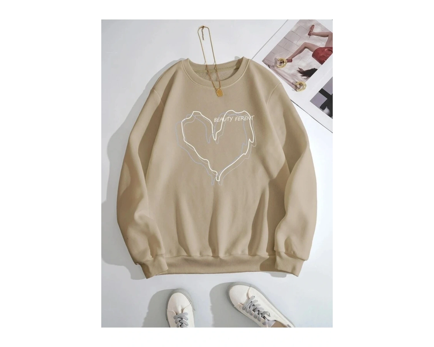 Unisex Oversize Bej 3kalp Baskılı Sweatshirt Bej