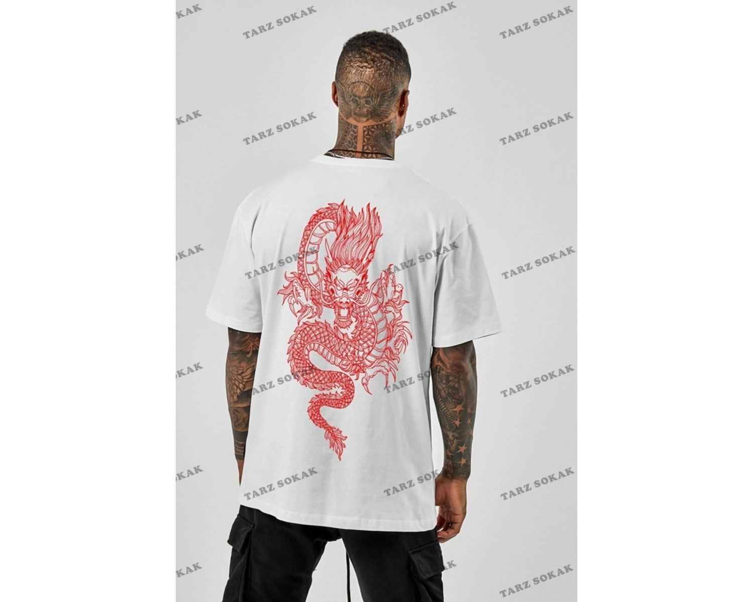 Unisex Oversize Dragon Baskılı Beyaz