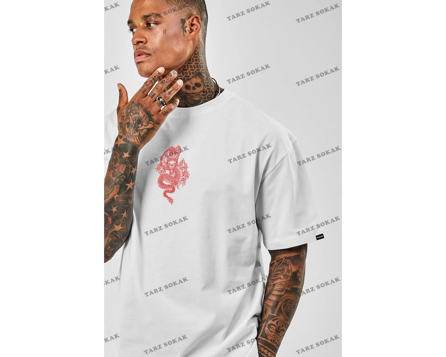 Unisex Oversize Dragon Baskılı Beyaz