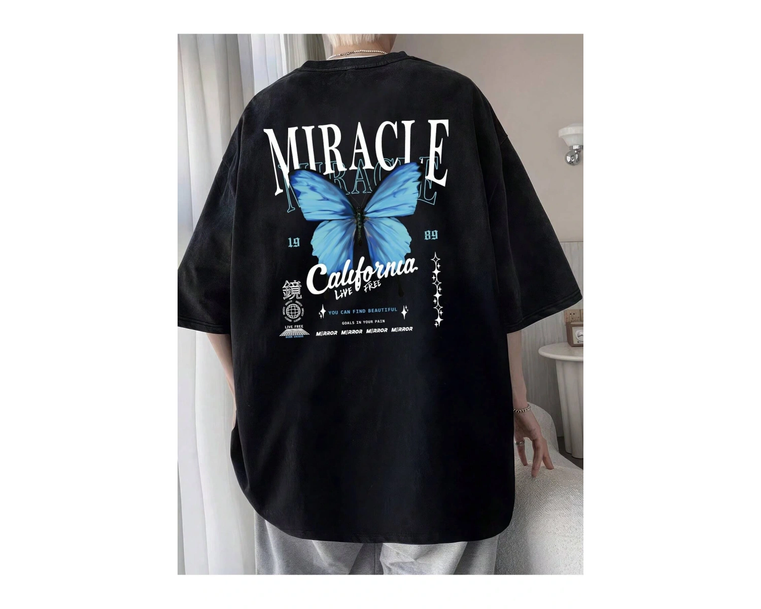 Unisex Oversize Kalıp Kelebek & Harf Grafik Damla Omuz Harajuku Style