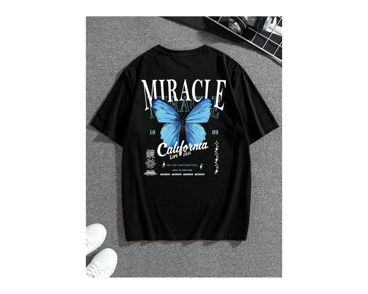 Unisex Oversize Kalıp Kelebek & Harf Grafik Damla Omuz Harajuku Style