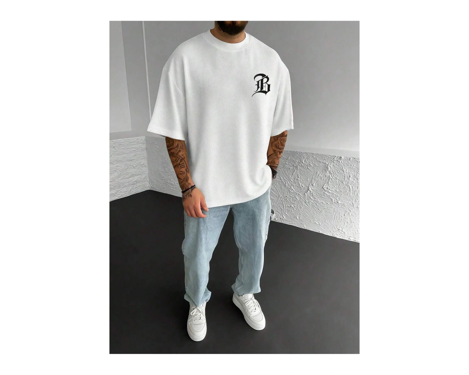 Unisex Oversize Kalıp Mektup Grafik Damla Omuz Harajuku Style