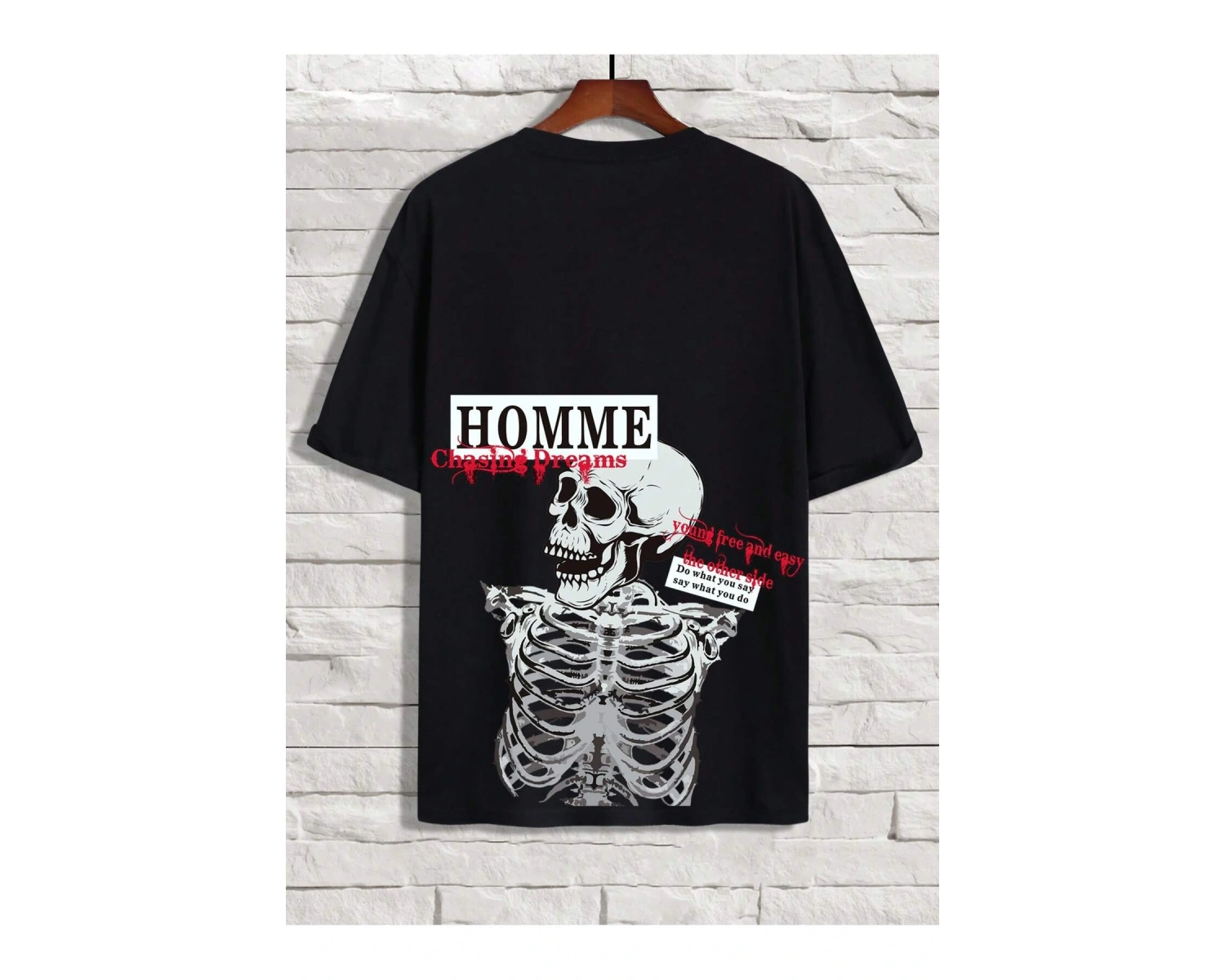 Unisex Oversize Kalıp Sloganlı ve İskelet Baskılı Harajuku Style