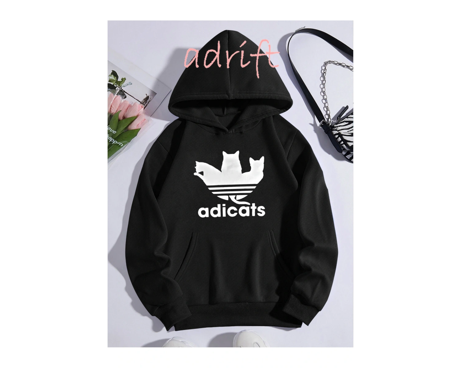 Unisex Oversize Kapüşonlu Kanguru Cepli Adicats Baskılı Gri