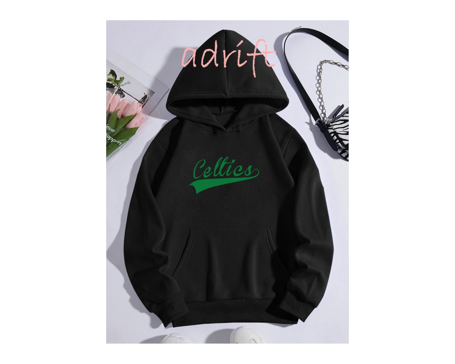 Unisex Oversize Kapüşonlu Kanguru Cepli Celttics Baskılı Siyah