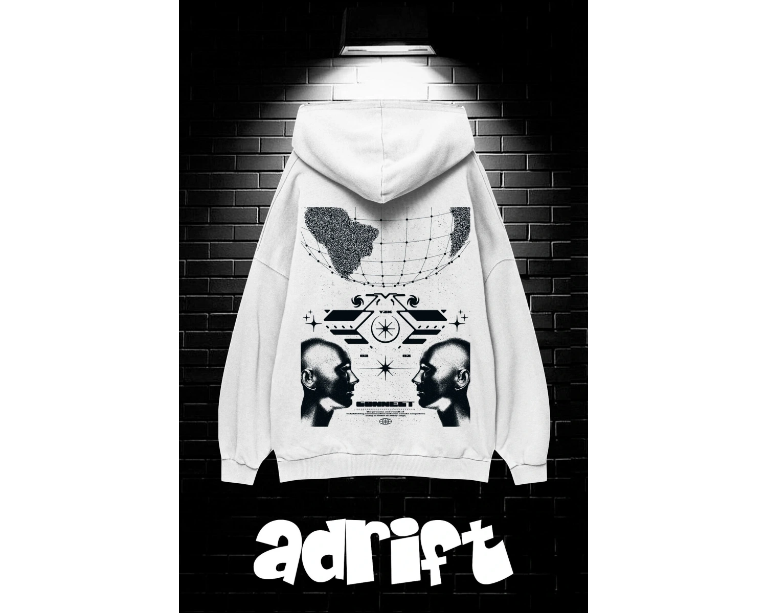 Unisex Oversize Kapüşonlu Kanguru Cepli Resro Futurısm Baskılı Sweatshirt Hoodie Beyaz