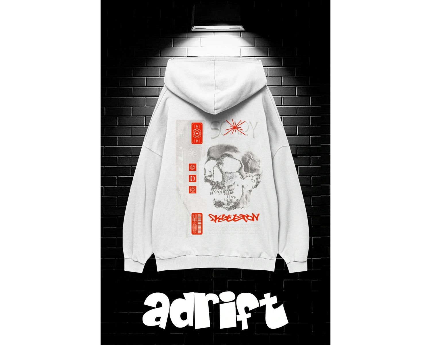 Unisex Oversize Kapüşonlu Kanguru Cepli Scaryskul Baskılı Sweatshirt Hoodie Beyaz
