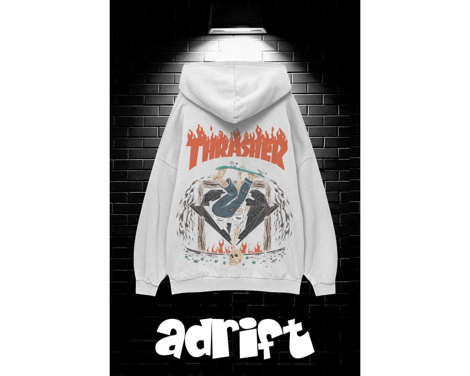 Unisex Oversize Kapüşonlu Kanguru Cepli Thrasher Baskılı Sweatshirt Hoodie Beyaz