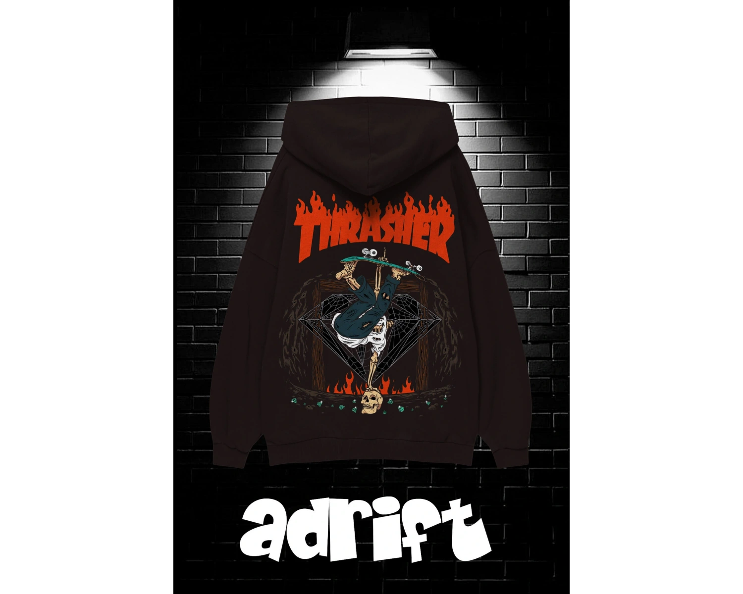 Unisex Oversize Kapüşonlu Kanguru Cepli Thrasher Baskılı Sweatshirt Hoodie Beyaz