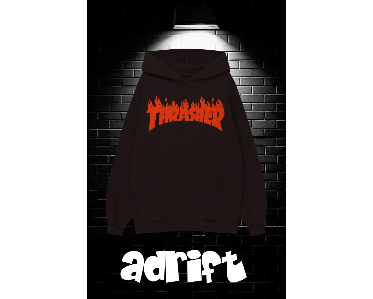 Unisex Oversize Kapüşonlu Kanguru Cepli Thrasher Baskılı Sweatshirt Hoodie Beyaz