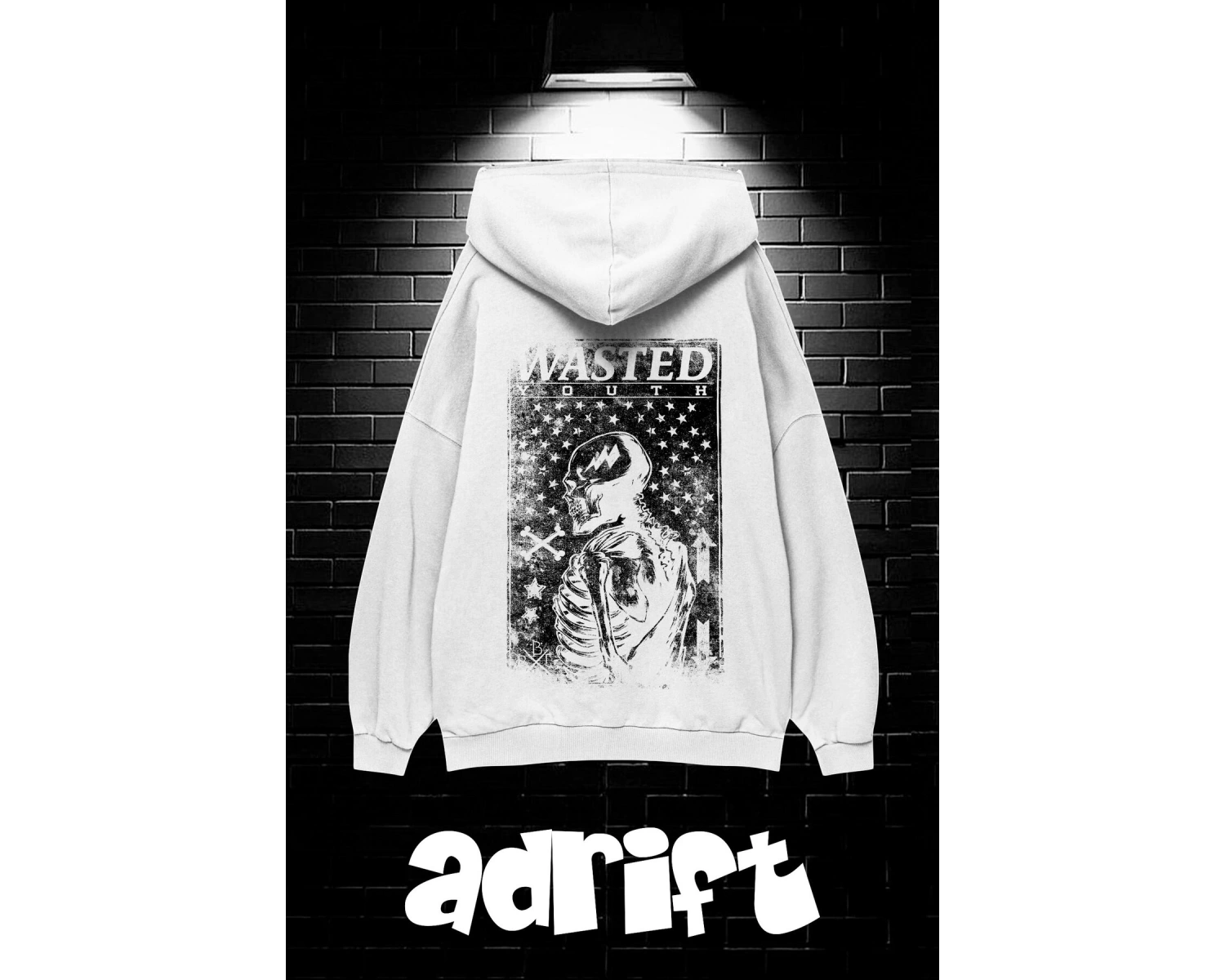 Unisex Oversize Kapüşonlu Kanguru Cepli Wasted Baskılı Sweatshirt Hoodie Beyaz