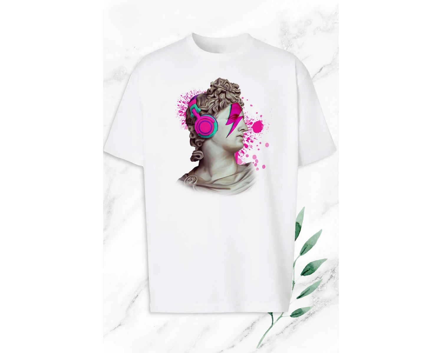 Unisex Oversize Mitoloji Trend Heykel Baskılı Beyaz Tişört