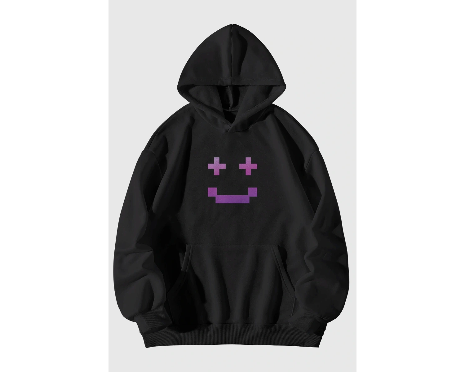 Unisex Pixel Yüz Baskılı Kanguru Cepli Kapüşonlu Sweatshirt Hoodie Siyah