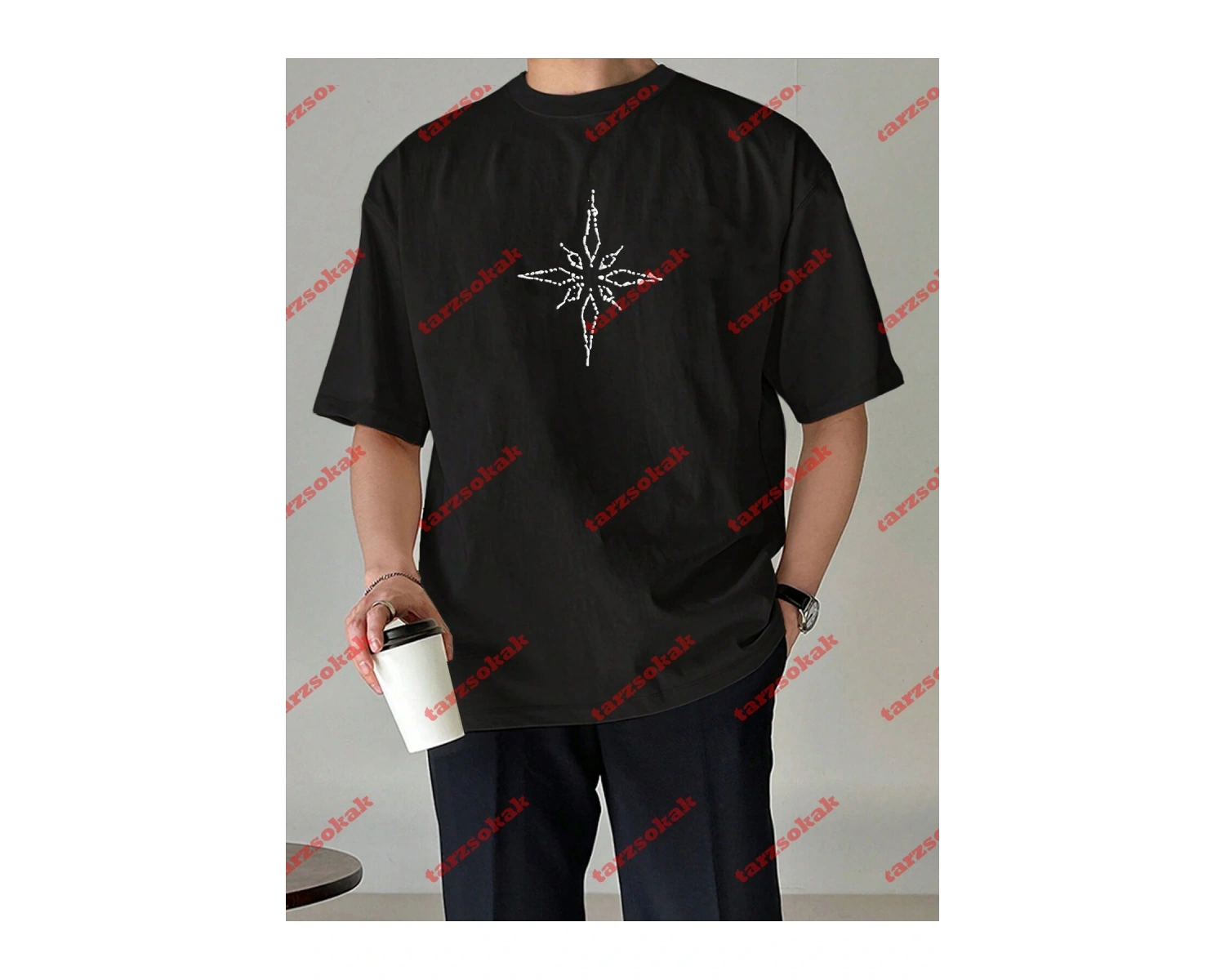 Unisex Pusula Baskılı Tshirt Beyaz