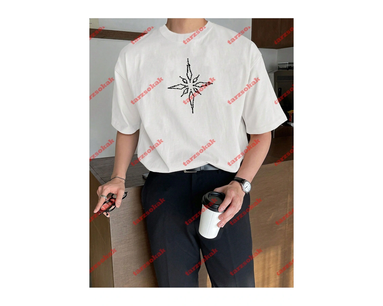 Unisex Pusula Baskılı Tshirt Beyaz