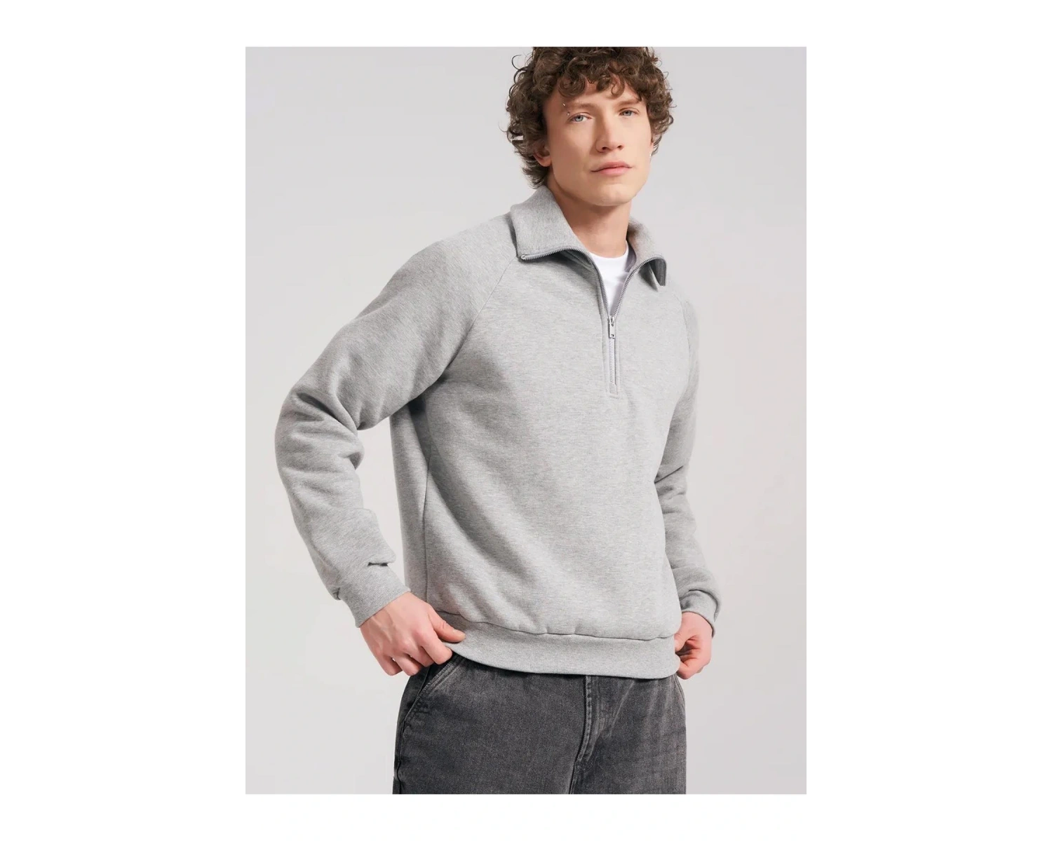 Unisex Relaxed Fit Yarım Fermuarlı Dik Yaka Sweatshirt Gri melanj
