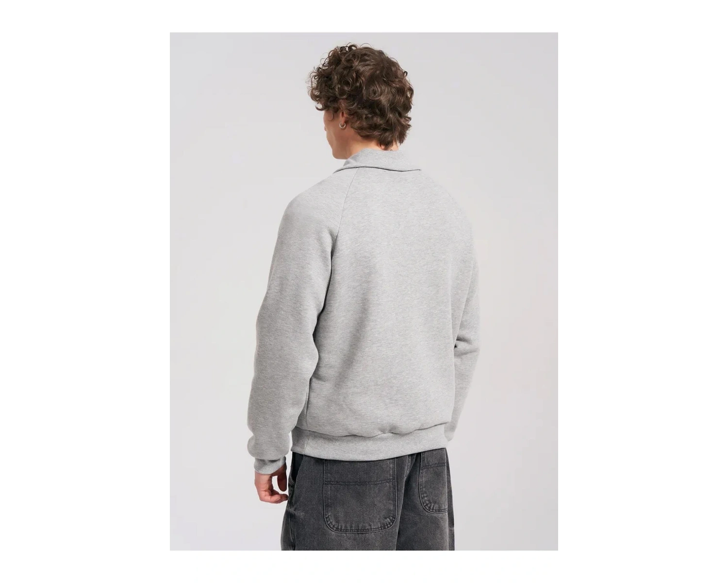 Unisex Relaxed Fit Yarım Fermuarlı Dik Yaka Sweatshirt Gri melanj