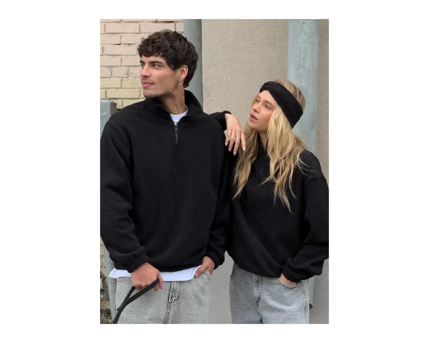 Unisex Relaxed Fit Yarım Fermuarlı Dik Yaka Sweatshirt Siyah