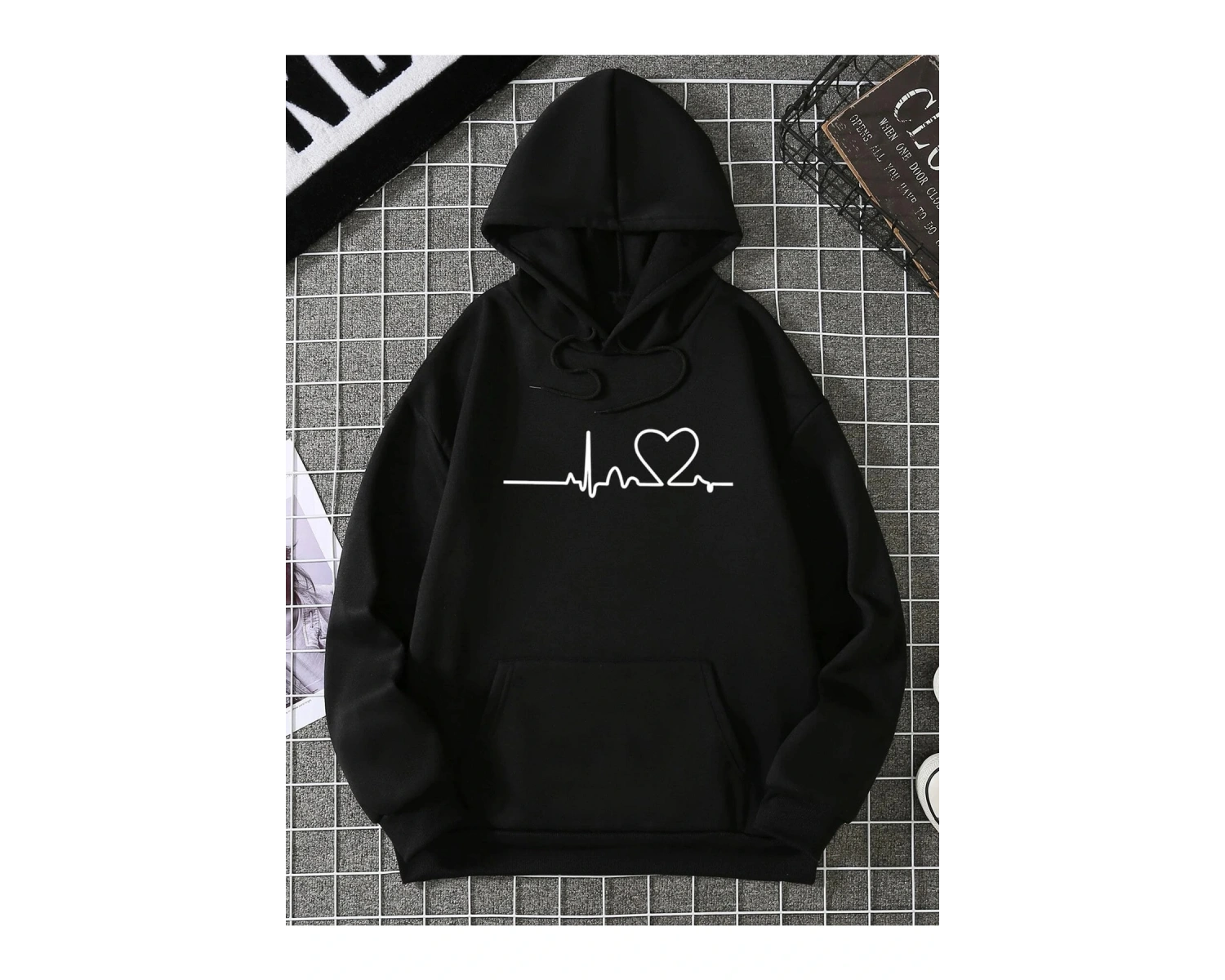 Unisex Ritim Baskılı Kapüşonlu Sweatshirt Siyah