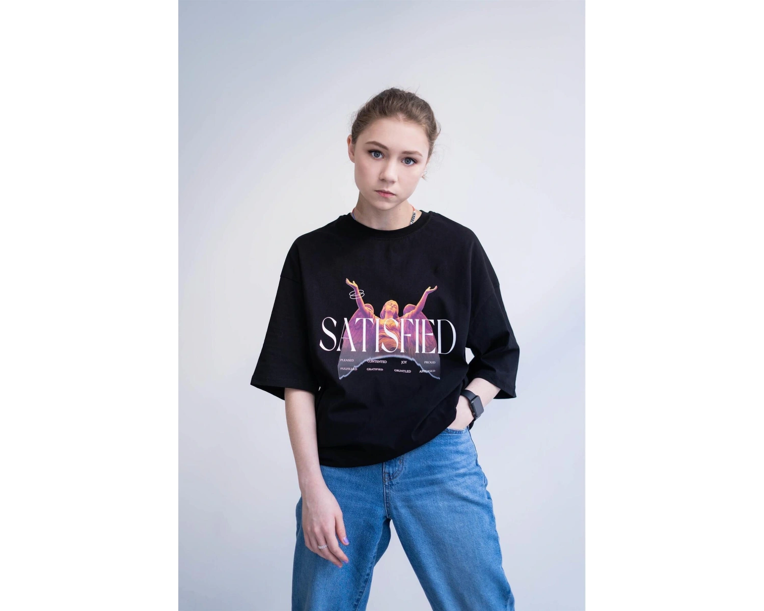 Unisex Satisfied Siyah Tshirt