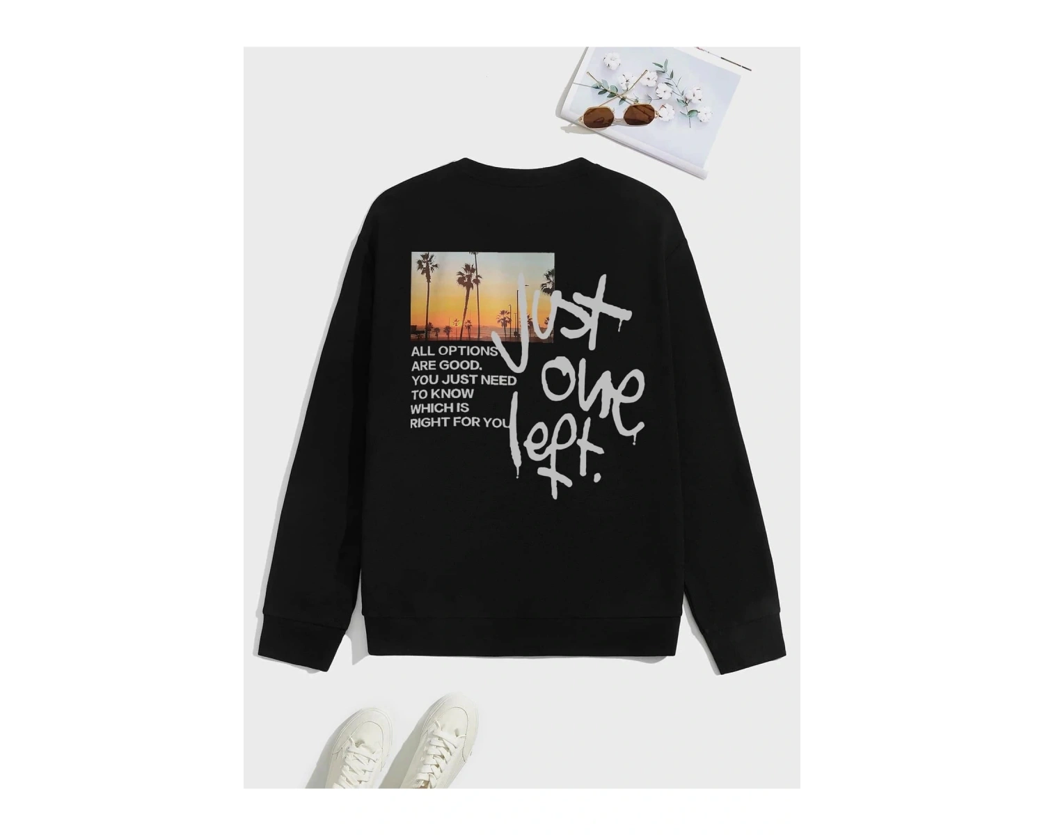 Unisex Scenery Baskılı Oversize Bisiklet Yaka Sweatshirt Siyah