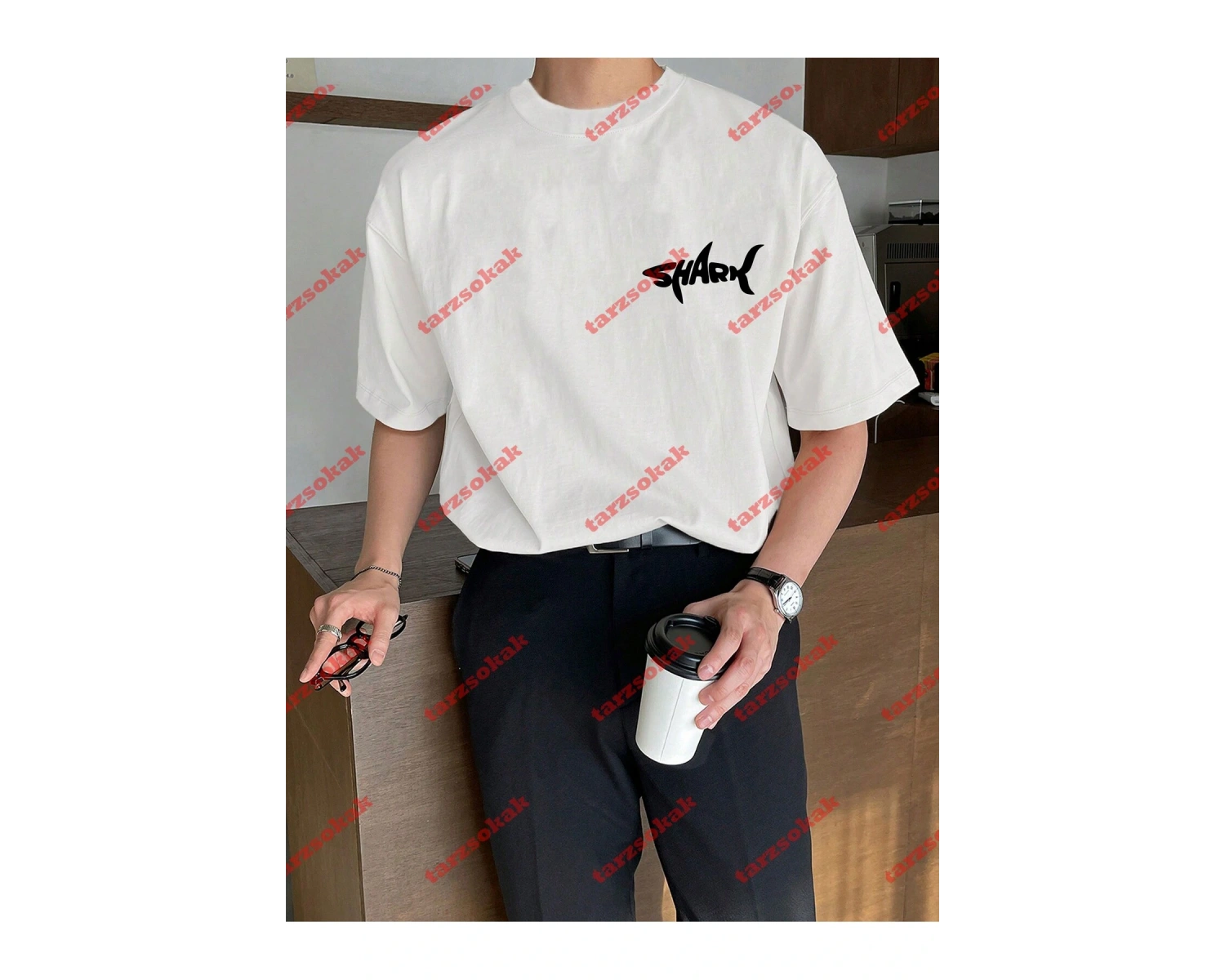 Unisex Shark Tasarım Tshirt Kısa kollu bisiklet yaka t-shirt