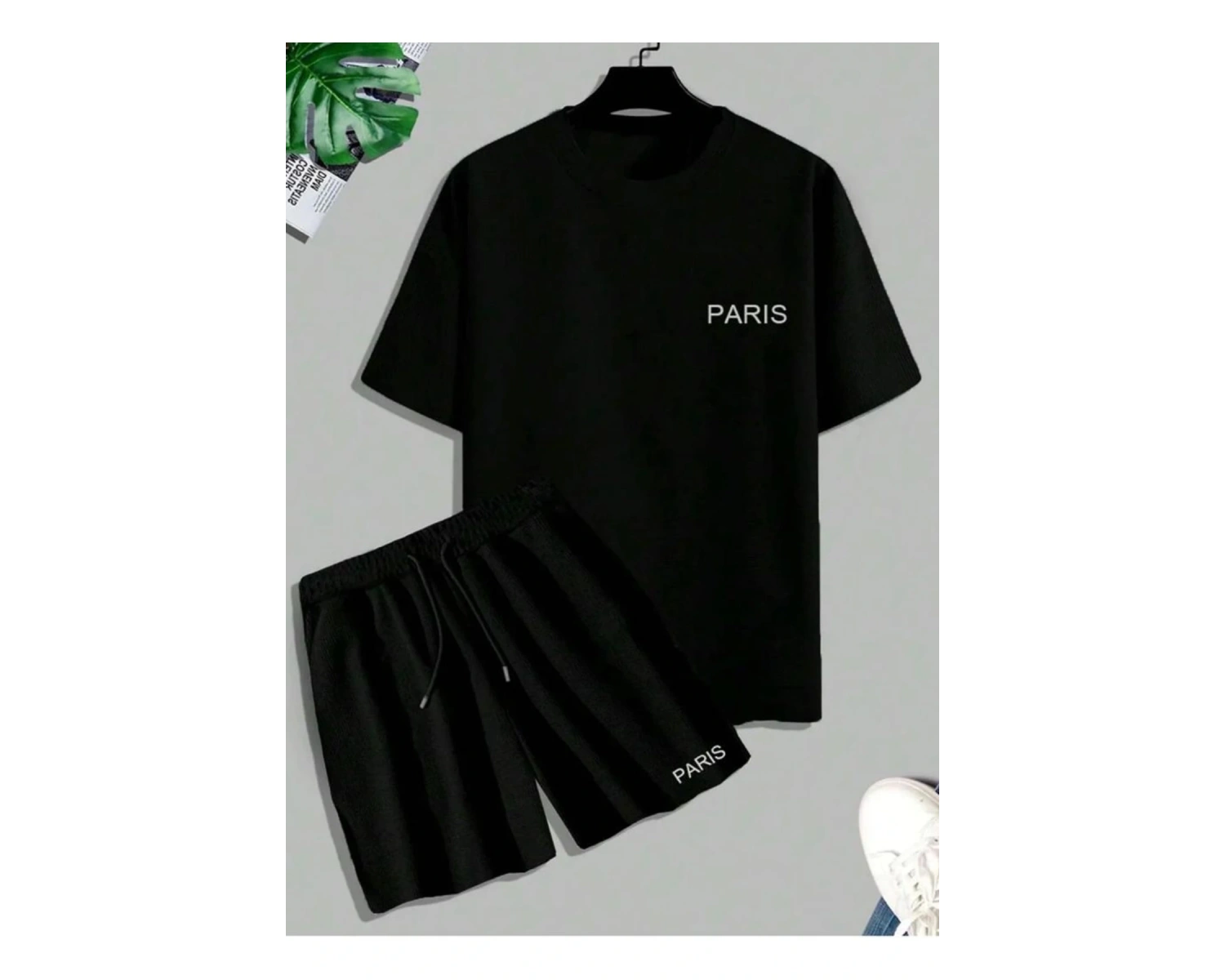 Unisex Siyah Alt-üst Tshirt Şort Kombini Paris Baskılı Takım