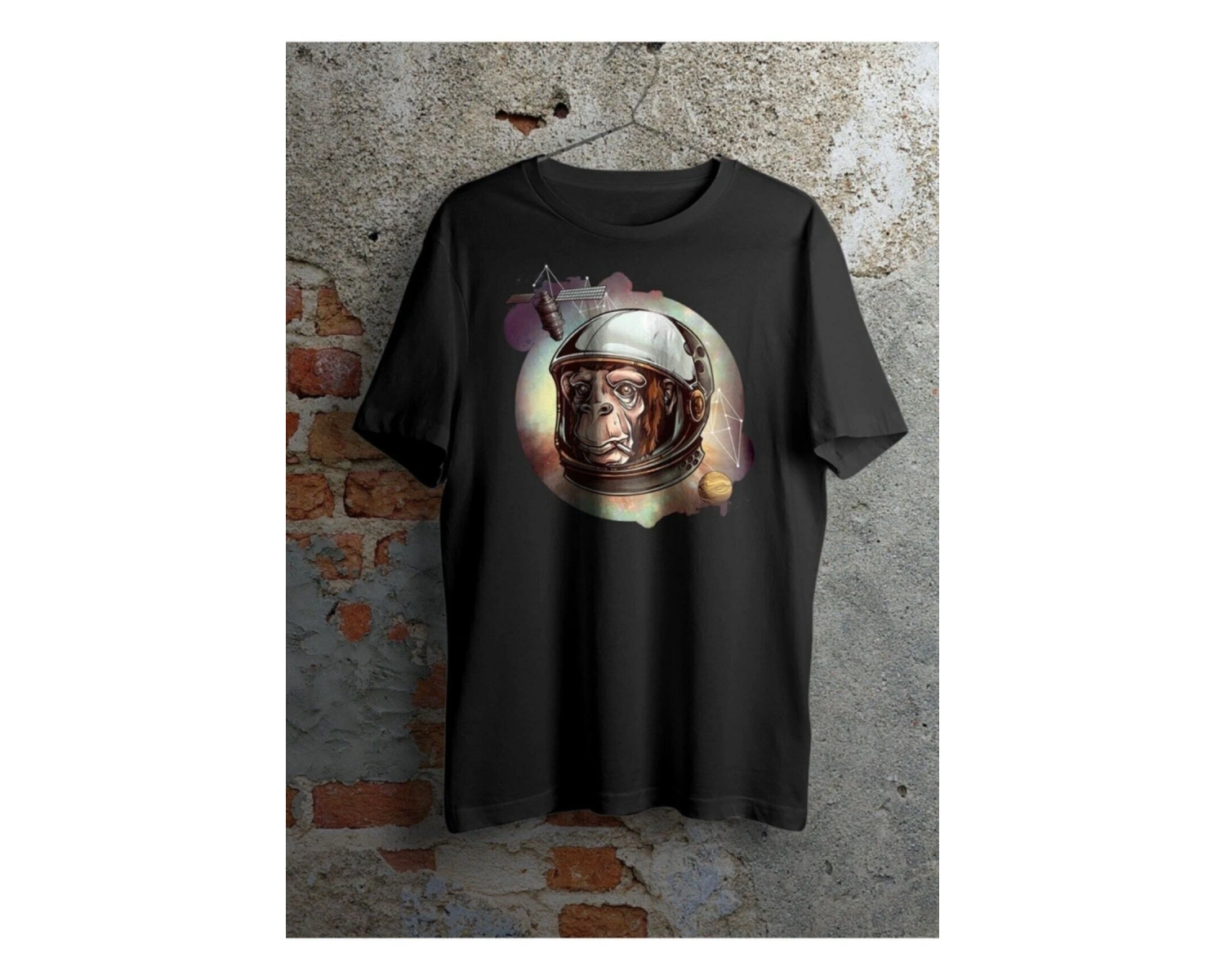 Unisex Siyah Astronot Maymun Baskılı Oversize Bisiklet Yaka Tişört