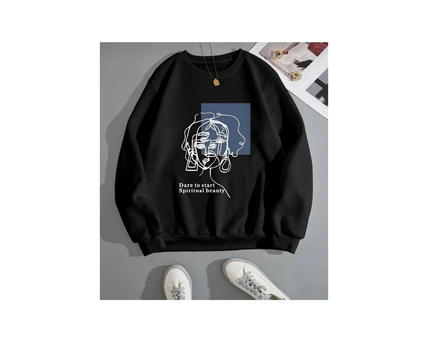Unisex Siyah Bisiklet Yaka Kadın Surat Baskılı Pamuklu Sweatshirt
